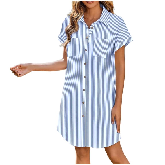 Daiosportswear Summer Dresses for Women Cotton Button Down Short Sleeve Striped Shirttshirt Dresses Casual Mini Beach Dress,Women Short Sleeve Dress Light Blue L(L)
