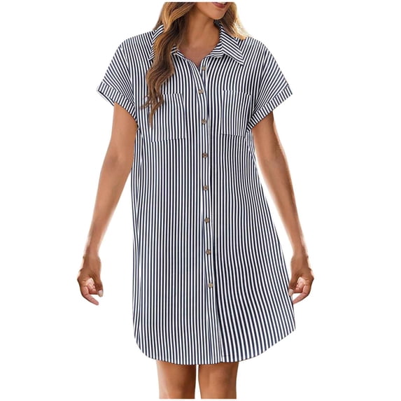 Daiosportswear Summer Dresses for Women Cotton Button Down Short Sleeve Striped Shirttshirt Dresses Casual Mini Beach Dress,Women Short Sleeve Dress Navy M(M)