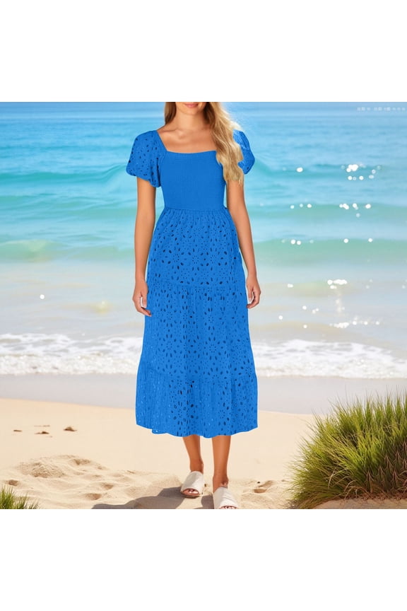 Summer Dresses for Women Eyelet Square Neck Puff Sleeve Hollow Out Eyelet Smocked Wedding Guest Maxi Dress with Pockets, Short-Sleeved Dress for Women Blue XL(XL)