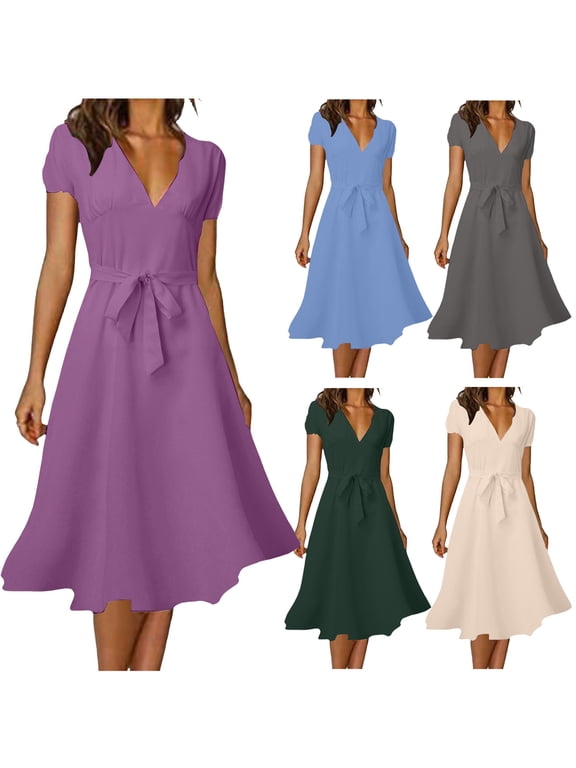 Summer Dresses for Women Floral Dress Beach Casual Mid Length Dress Short Sleeve Flowy Elegant Midi Dresses,Women'S Short-Sleeved Dress Purple 10(XL)