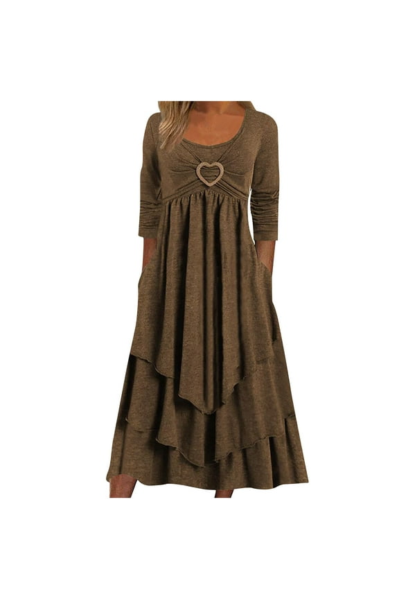 Summer Dresses for Women Fashion Women Three Quarter Sleeve Backless Lace Patchwork Evening Long Dress Brown 4(S)