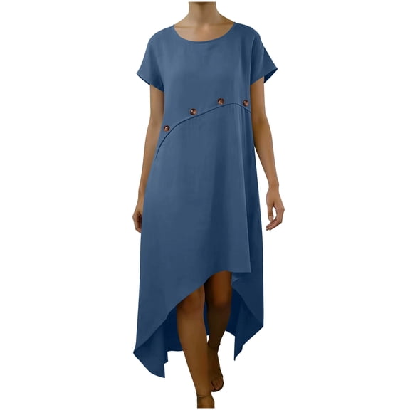 Daiosportswear Summer Half Sleeve Long Dresses for Women Fashion O-Neck Solid Color Loose Maxi Dress Elegant Special Design of Waist Buttons，Women'S Short-Sleeved Dress Blue-C XXXL