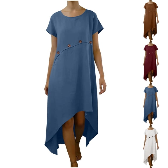 Daiosportswear Summer Half Sleeve Long Dresses for Women Fashion O-Neck Solid Color Loose Maxi Dress Elegant Special Design of Waist Buttons,Women'S Short-Sleeved Dress White-C XL(XL)