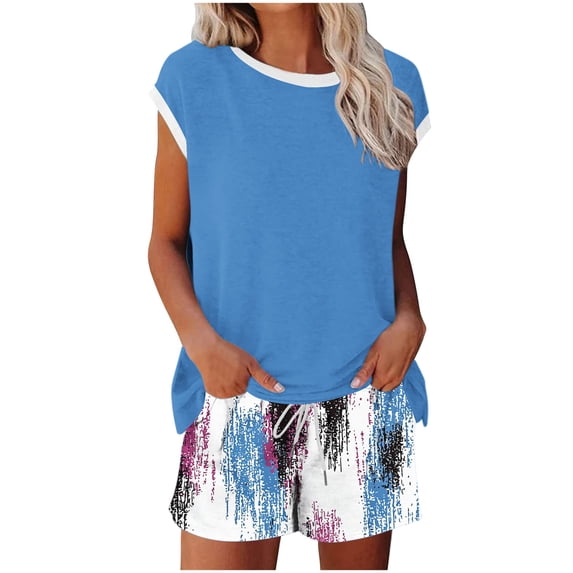 Daiosportswear Summer Women'S Clothing Round Neck Short-Sleeved Contrasting Colors Tee and Print Shorts,2 Piece Sets for Women Blue-C M(M)