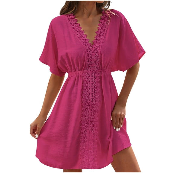 Daiosportswear Swimsuit Cover Ups Women'S Bathing Suit V Neck Ruffle Sleeve Soft Coverups Dress,Cover-Up for Women Hot Pink 6(M)