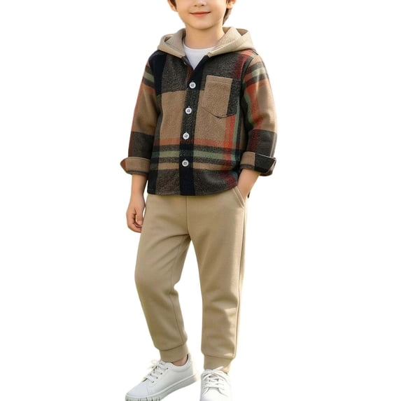 Daiosportswear Toddler Boys Button Down Plaid Hoody with Joggers Sweatpants 2 Piece Outfit Sweatsuit Sets for 3-9 Years Multicolor-E