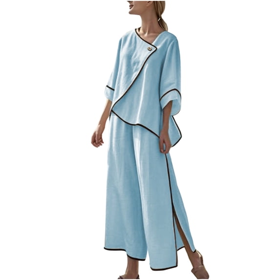 Daiosportswear Woman 3/4 Sleeve Vacationset Button V-Neck Loose Irregular Top and Split Wide Leg Trousers Suit,2 Piece Sets for Women Blue S(S)