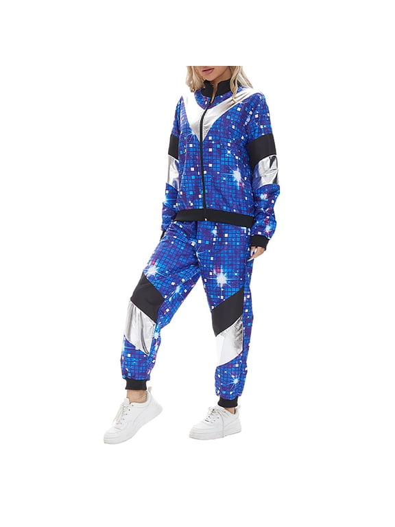 Women 80S Vintage Sequins Hip Hop Tracksuit Sportswear Jackets and Pants Party Stage Dance Clothing,2 Piece Sets for Women Blue L(L)