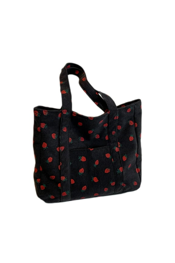 Women Corduroy Tote Bag,Corduroy Printed Storage Bag Large Capacity Shoulder Strawberry Canvas Bag