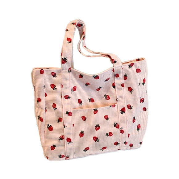 Women Corduroy Tote Bag,Corduroy Printed Storage Bag Large Capacity Shoulder Strawberry Canvas Bag