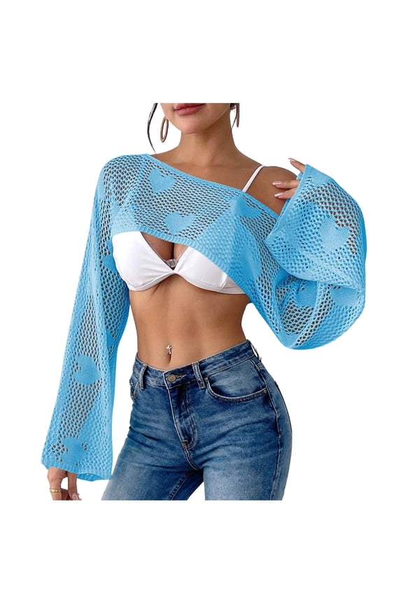 Women Fishnet Long Sleeve Crop Top See Through Shirt Sheer Blouse Outfits,Cover-Up for Women Blue Free Size