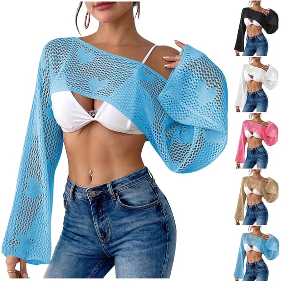 Daiosportswear Women Fishnet Long Sleeve Crop Top See Through Shirt Sheer Blouse Outfits,Cover-Up for Women White Free Size