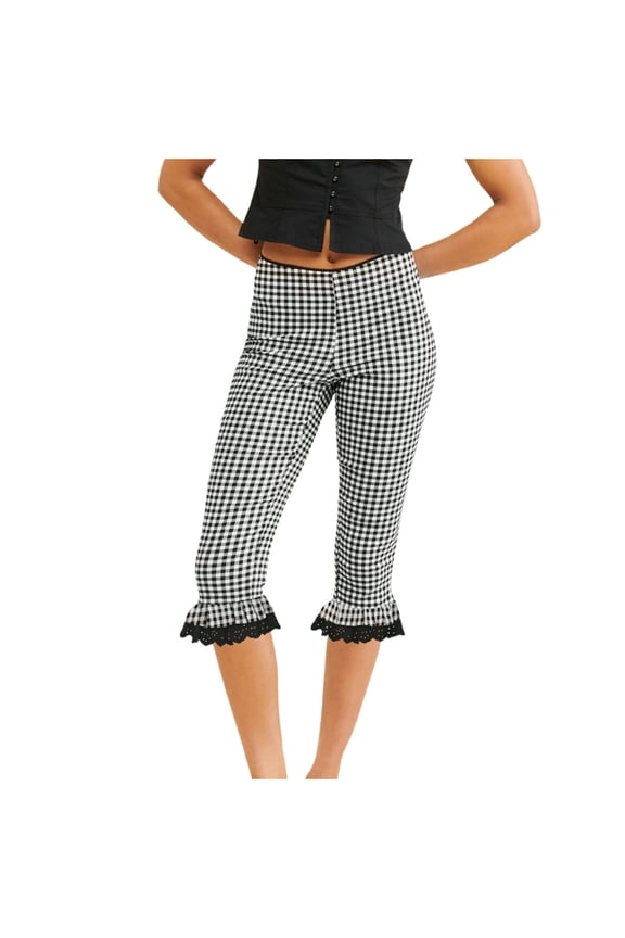 Women Gingham Capri Trousers Elastic Waist Plaid Skinny Pants Ruffle Lace Hem,Shorts Pants for Women Black XL(XL)