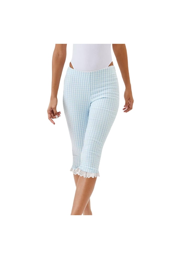 Women Gingham Capri Trousers Elastic Waist Plaid Skinny Pants Ruffle Lace Hem,Shorts Pants for Women Light Blue M(M)