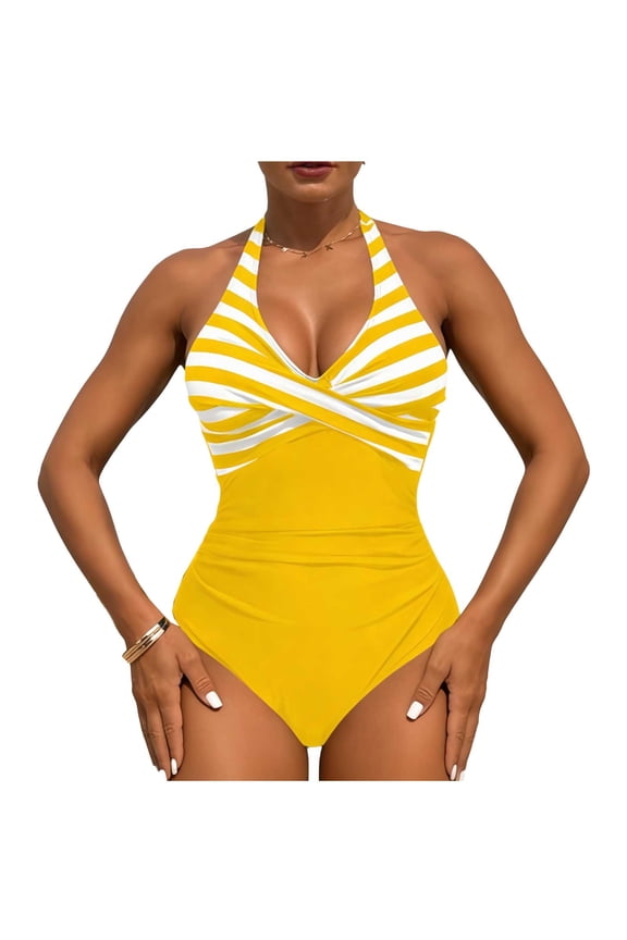 Women Hanging Neck Sling High Waist Striped Printed Bikini Swimsuit Yellow M(M)