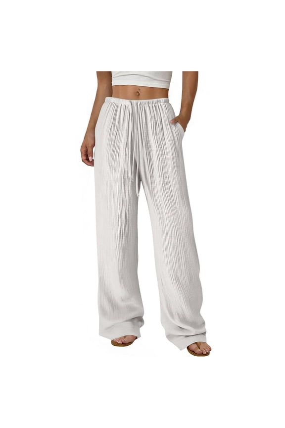 Women High Waisted Crinkle Straight Wide Leg Loose Casual Long Pants,Pants for Women White XXL(XXL)