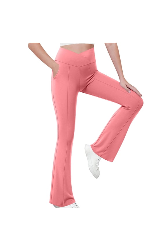 Women Leggings Cross High Waisted Flare Pants Yoga Bootcut Pants Solid Color Full Length Bell Bottoms Pink 9-10 Years