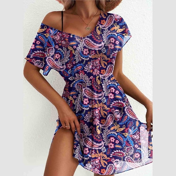 Daiosportswear Women Mesh Swimsuit Cover Up Sheer See Through V Neck Short Sleeve Swim Beach Coverup Dress,Women'S Short-Sleeved Dress Purple-B XL(XL)