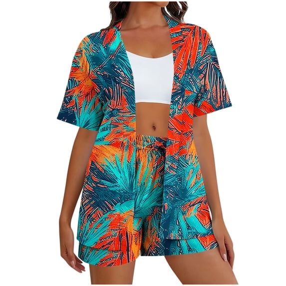 Daiosportswear Women Open Front Print Beach Cover Up Shorts Set Summer Lounge Outfit,2 Piece Sets for Women Green-A XXL(XXL)