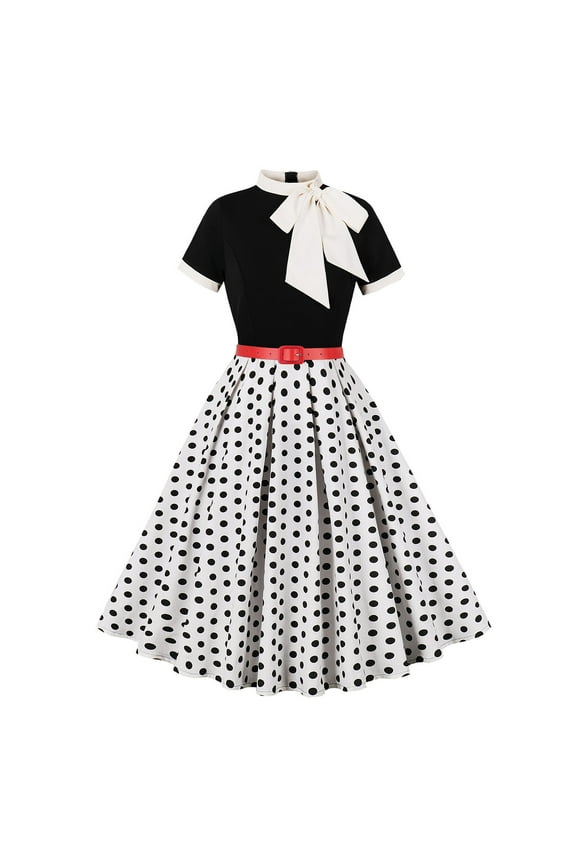 Women'S 1950S Retro Dresses Short Sleeve Polka Dot Belted Midi Dress Swing Dresses Cocktail Party Evening Dress, Short-Sleeved Dress for Women White 6(M)