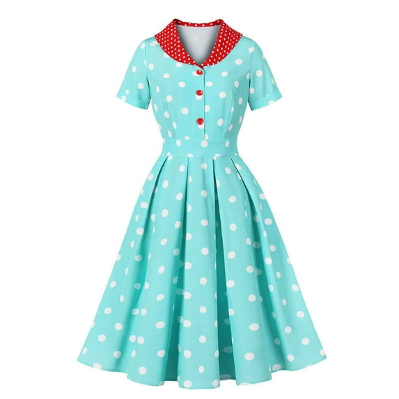 Daiosportswear Women'S 1950S Vintage Short Sleeves Notch Lapel Swing Dress,Women'S Short-Sleeved Dress Green S(S)