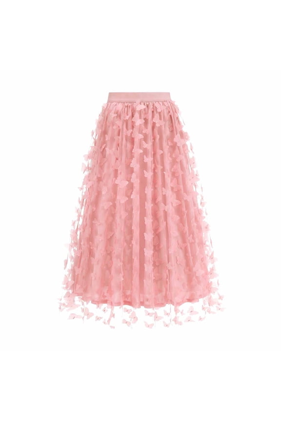 Women'S A-Line Fairy Patterned Butterfly Elastic Waist Ruffle Tulle Layered Midi Skirt,Maxi Skirt Pink S(S)