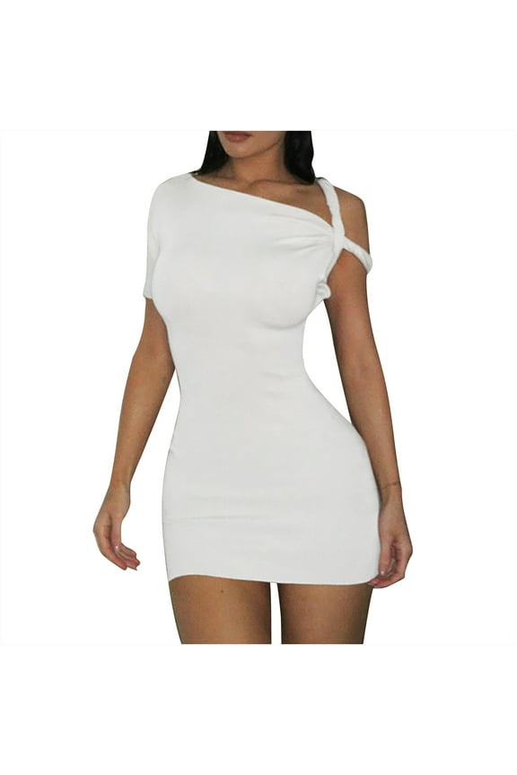 Women'S Asymmetrical Twist One Shoulder Mini Dress Single Short Sleeve Knot Ruched Bodycon Y2K Party Dresses,Women'S Short-Sleeved Dress White 8(L)