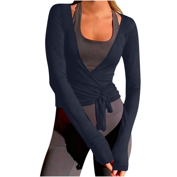 Daiosportswear Women'S Ballet Wrap Tops V Neck Long Sleeve Self Tie Slim Fit Workout Pilates Yoga Tops Dance Shirt Cover Up,Cover-Up for Women Navy M(M)