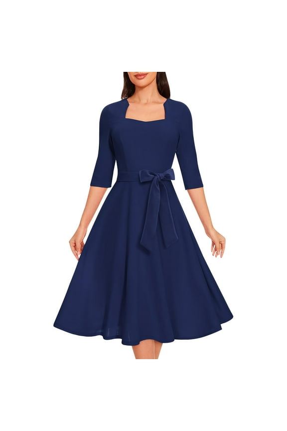 Women'S Cocktail formal Dresses Elegant Wedding Guest A-Line Graduation Tea Party Modest Church Dress，Women Short Sleeve Dress Navy XL(XL)