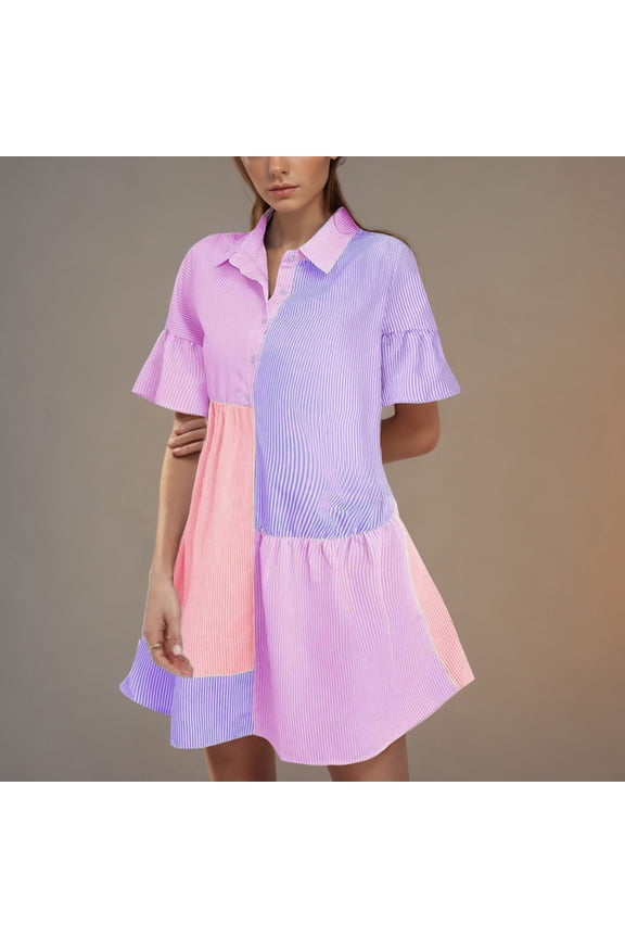 Women'S Color Block Printed Short Sleeve Button Front Striped Shift Dress, Short-Sleeved Dress for Women Pink L(L)