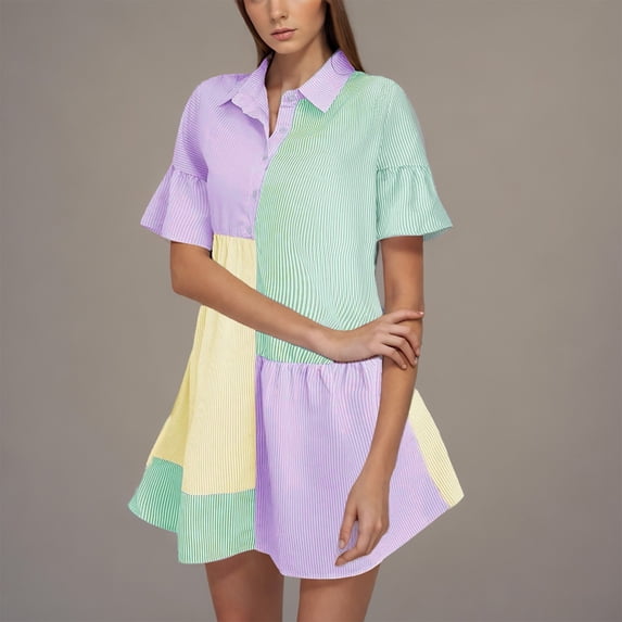 Daiosportswear Women'S Color Block Printed Short Sleeve Button Front Striped Shift Dress, Short-Sleeved Dress for Women Purple XL(XL)