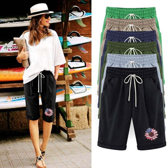 Daiosportswear Women'S Cotton and Linen Elastic Waist Drawstring Shorts,Capri Pants for Women