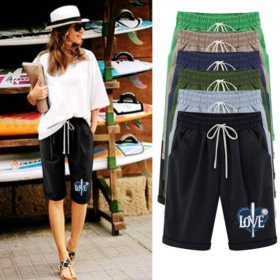 Daiosportswear Women'S Cotton and Linen Elastic Waist Drawstring Shorts,Capri Pants for Women