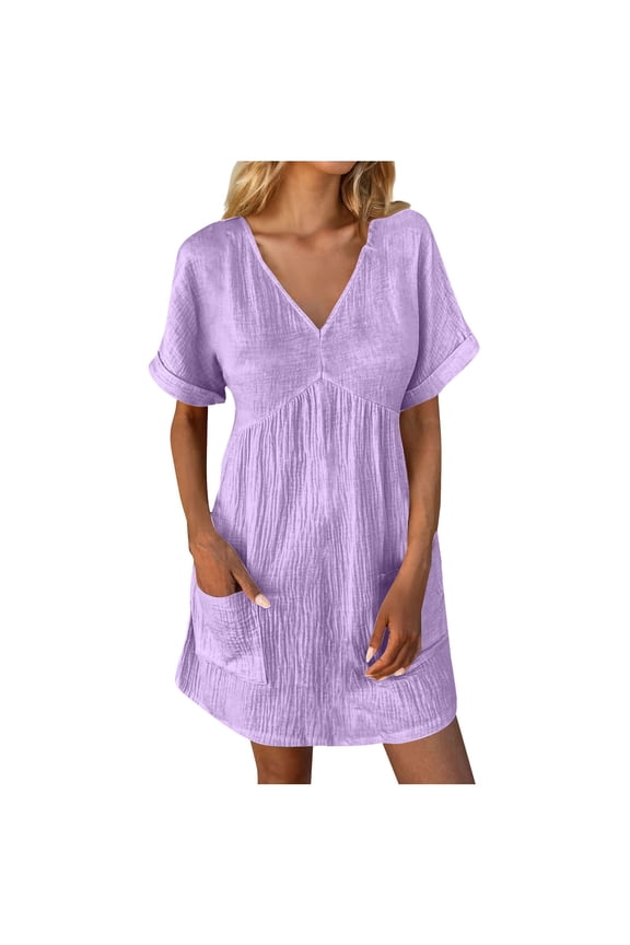 Women'S Cover Up Dress Short Sleeve Bathing Suit Cover Ups V Neck Beach Coverup Dress with Pockets,Women'S Short-Sleeved Dress Purple 8(L)