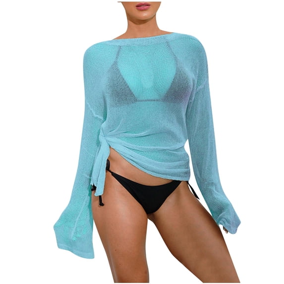 Daiosportswear Women'S Crochet Cover Ups for Swimwear Bathing Suit Sheer Mesh Beach Tops Swimsuit Vacation Outfits,Cover-Up for Women Light Blue 4(Free Size)