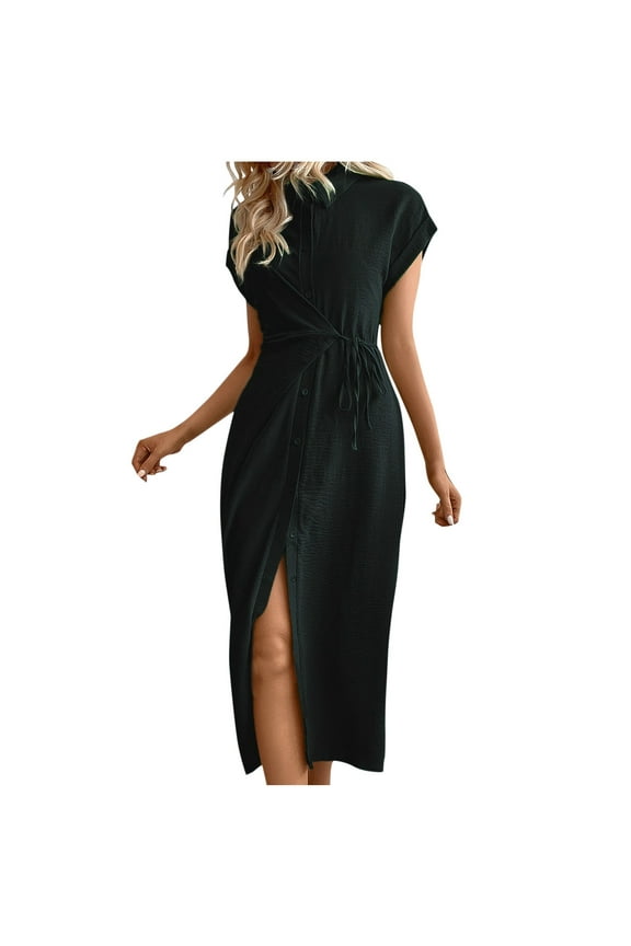 Women'S Elegant Short Sleeve V-Neck Front Slit Wrap Dress with Tie Waist Summer Party Beach Vacation Dress,Women'S Short-Sleeved Dress Black M(M)