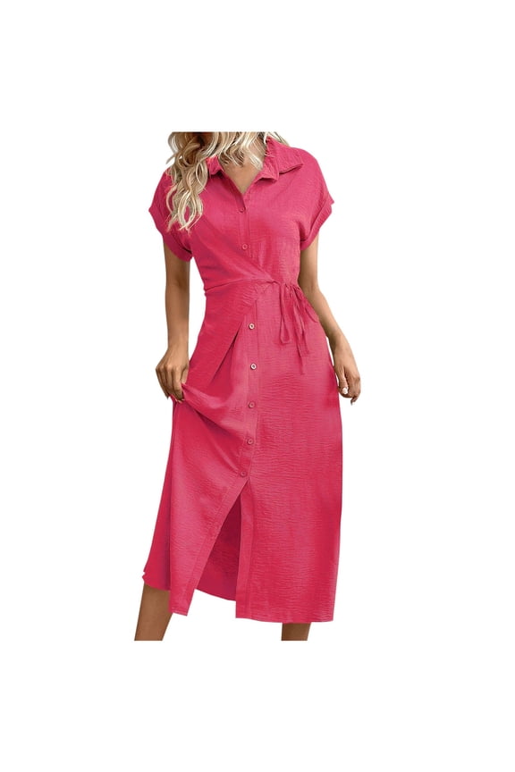 Women'S Elegant Short Sleeve V-Neck Front Slit Wrap Dress with Tie Waist Summer Party Beach Vacation Dress,Women'S Short-Sleeved Dress Hot Pink S(S)