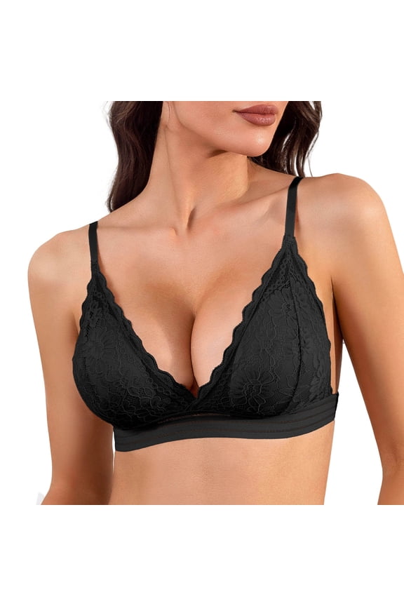 Women'S Floral Triangle Bra Wireless Lace Bralette Racerback Plunge Lightly Lined Black M(M)
