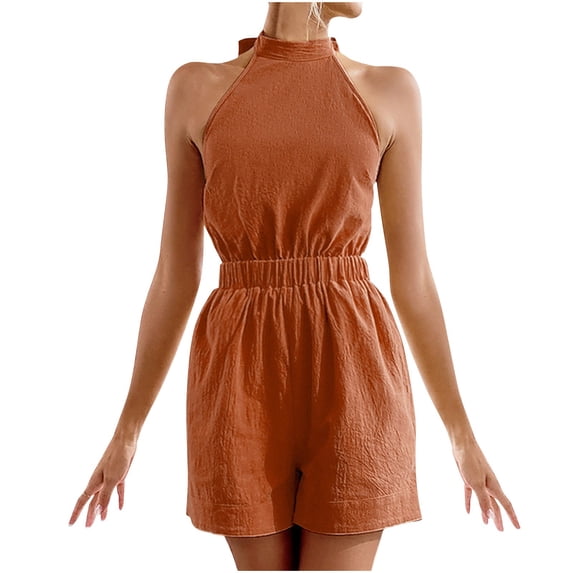 Daiosportswear Women'S Halter Neck Romper Textured Sleeveless High Neck Elastic Waist Casual Summer Beach,Shorts for Women