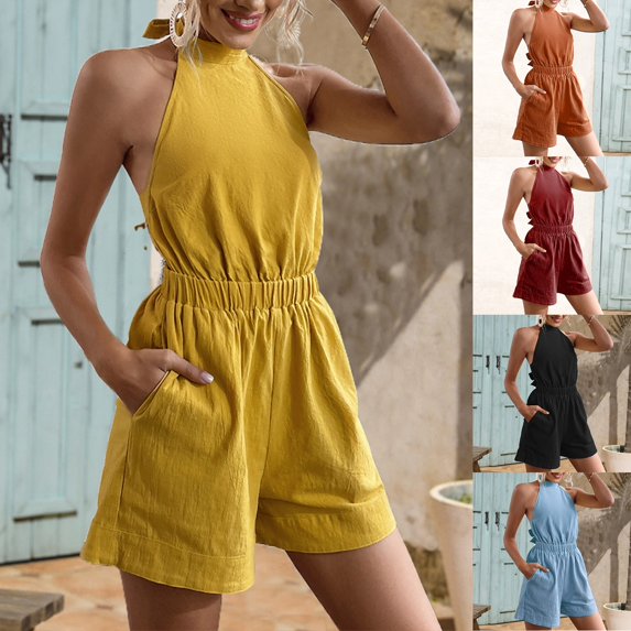 Daiosportswear Women'S Halter Neck Romper Textured Sleeveless High Neck Elastic Waist Casual Summer Beach,Shorts for Women