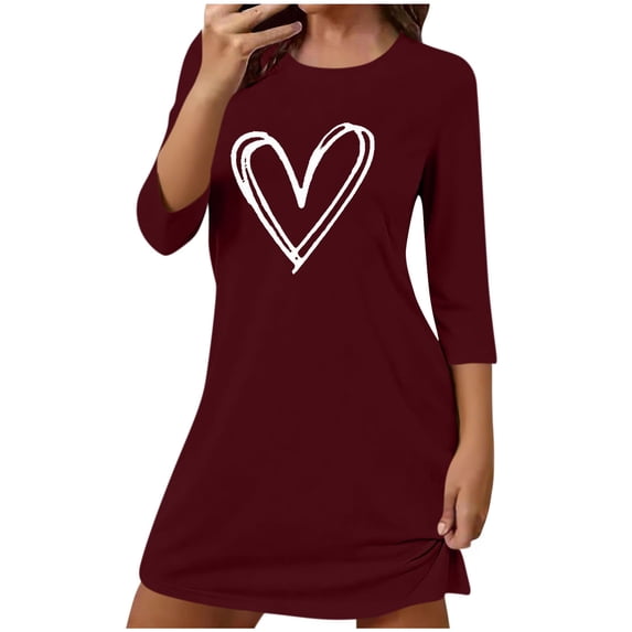 Daiosportswear Women'S Heart Print Nightgown Loose Crewneck Long Sleeve Nightshirt Pullover Casual Going Out Tshirt Dress Sleepwear,Women'S Long-Sleeved Dress Wine S(S)