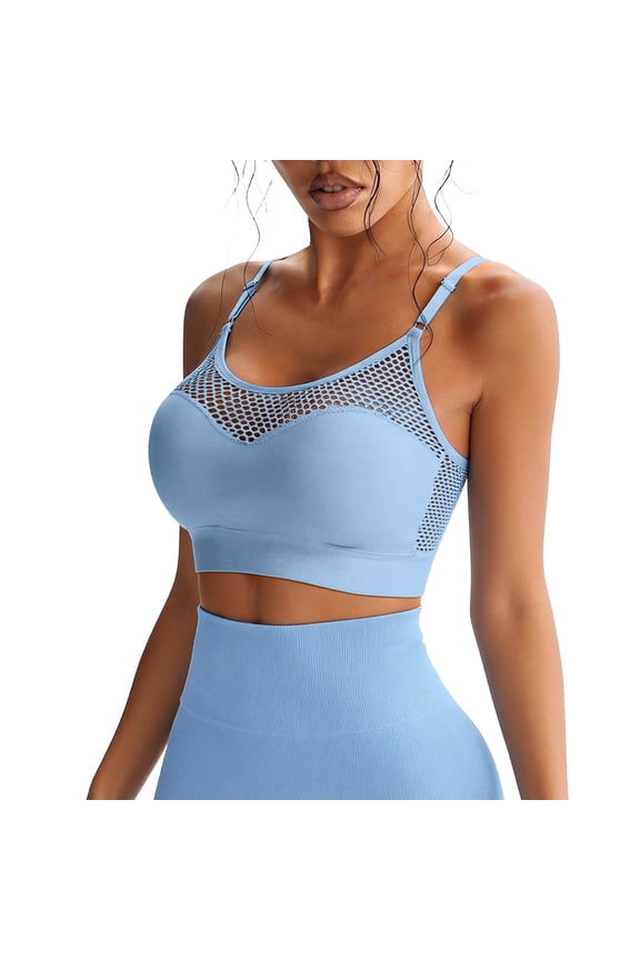 Women'S Hollow Fishnet Patchwork Sports Bra - Adjustable Strap Wireless Padded Athletic Camisole Bras Blue XXL(XXL)