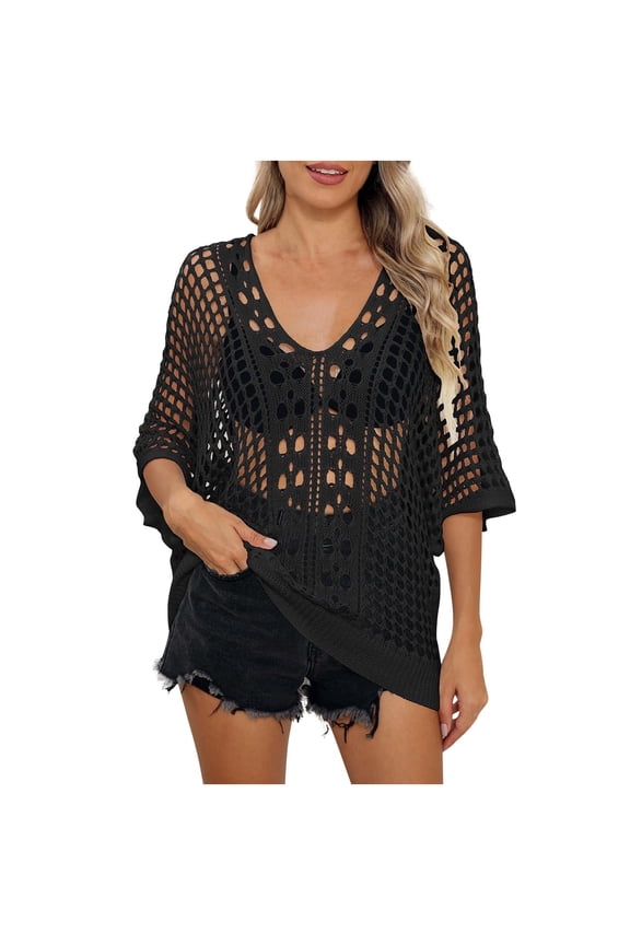 Women'S Hollow Out Dolman Sleeve V Neck Crochet Sheer Pullovers Sweaters Cover Up,Cover-Up for Women Black Free Size