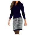 thumbnail image 1 of Daiosportswear Women’S Houndstooth Patchwork Mini Knitted Dress V Neck Long Sleeve Casual Work Sweater Dresses,Dresses for Women Dark Blue 10(XL), 1 of 5