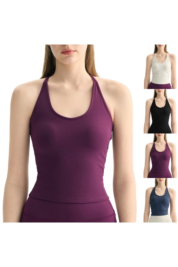 Women'S Impact Halter Tank Top Longline Backless Scoop Neck Built-In Bra Sports Workout Gym Crop Top White S(S)