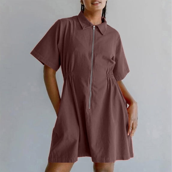 Daiosportswear Women'S Mini Dress Short Sleeve Lapel V Neck Zip Belted Short Cowgirl Dress with Pockets, Short-Sleeved Dress for Women Coffee M(M)