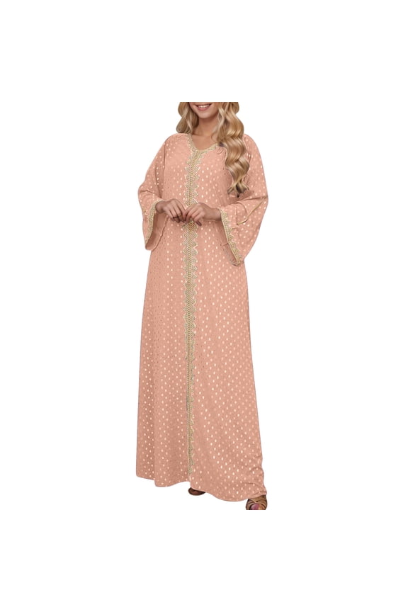 Women'S Muslim Abaya One-Piece V Neck Bronzing Dress Islamic Full Length Kaftan Daily Casual,Dresses for Women Pink XXL(XXL)