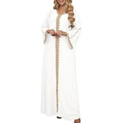 Daiosportswear WomenS Muslim Abaya One-Piece V Neck Bronzing Dress Islamic Full Length Kaftan Daily Casual,Dresses for Women White XL