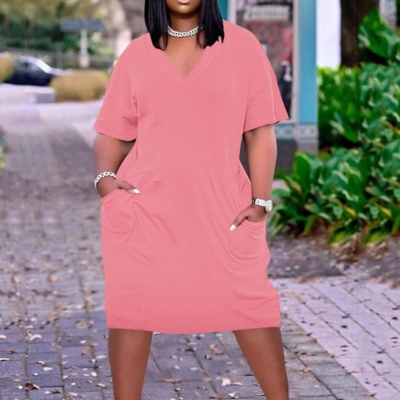 Daiosportswear Women'S Plus Size Casual Midi Dresses Short Sleeve T Shirt Dress with Pockets, Short-Sleeved Dress for Women Pink 16(XL)