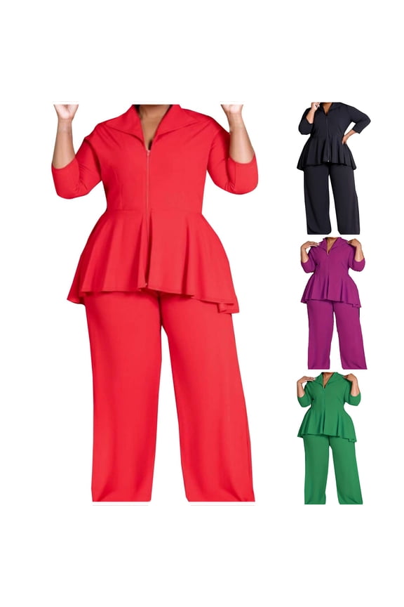 Women'S Plus Size Long Sleeve Zip Up Peplum Jacket Wide Leg Pant Suits,2 Piece Sets for Women Red XL(XL)